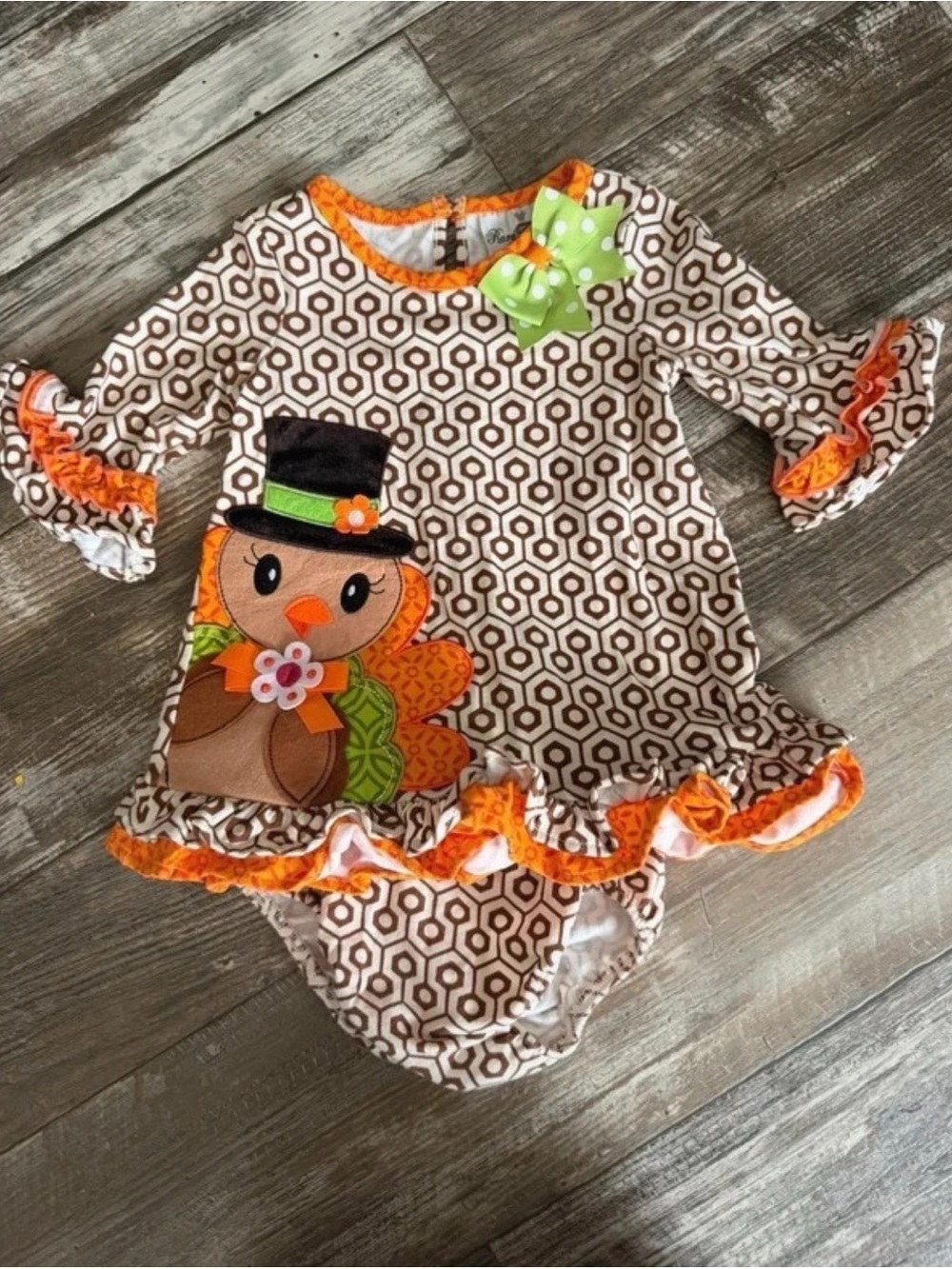 Rare Editions Brown & Orange Turkey Ruffle Bodysuit with Green Bow